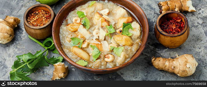 Cream soup of Jerusalem artichoke and cauliflower. Vegetarian cream soup