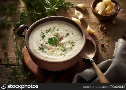Cream vegetarian soup in the kitchen. Generative AI