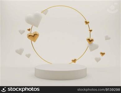 Cream white podium with hearts and golden ring. Valentine&rsquo;s Day, Wedding, Anniversary. Podium for product, cosmetic presentation. Mock up. Pedestal or platform for beauty products. 3D illustration. Cream white podium with hearts and golden ring. Valentine&rsquo;s Day, Wedding, Anniversary. Podium for product, cosmetic presentation. Mock up. Pedestal or platform for beauty products. 3D illustration.