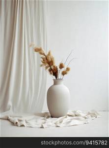 Cream White Vase with Dried Flowers on a White Table. Generative ai. High quality illustration. Cream White Vase with Dried Flowers on a White Table. Generative ai