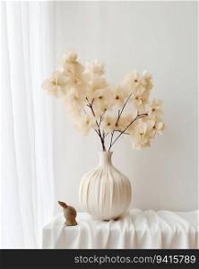 Cream White Vase with Dried Flowers on a White Table. Generative ai. High quality illustration. Cream White Vase with Dried Flowers on a White Table. Generative ai