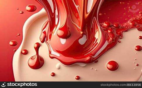 Creamy and thick liquid red and white splashing on a color background. Generative AI