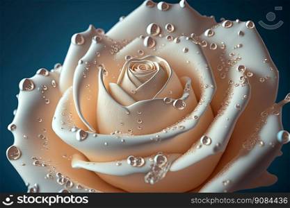 Creamy Beige Macro Close Up Rose Flower with Small Water Drops. Deep Blue Background Generative AI. Creamy Beige Macro Close Up Rose Flower with Small Water Drops. Generative AI