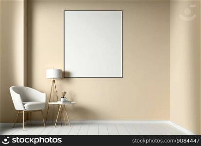 Creamy Beige Minimal Interior Clean Wall with White Poster, Clean Wall Room Mock Up. Generative AI. Creamy Beige Minimal Interior Clean Wall with White Poster. Generative AI