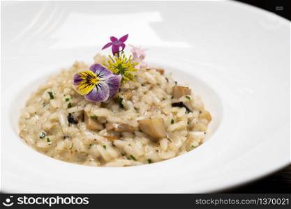Creamy cheese risotto with mushroom and truffle oil decorate with yellow and purple flower. International italian gourmet cuisine a la carte in buffet live station. Using for food and drink industry.. Risotto