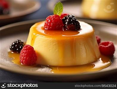 Creamy custard pudding with raspberry and blackberry.AI generative