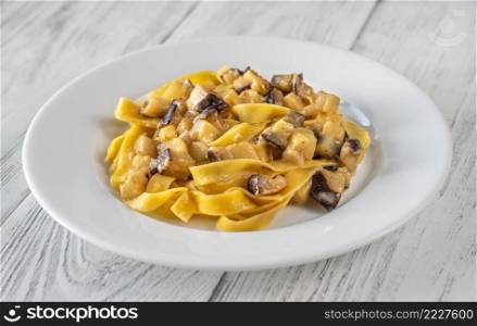 Creamy garlic eggplant and parmesan tagliatelli pasta
