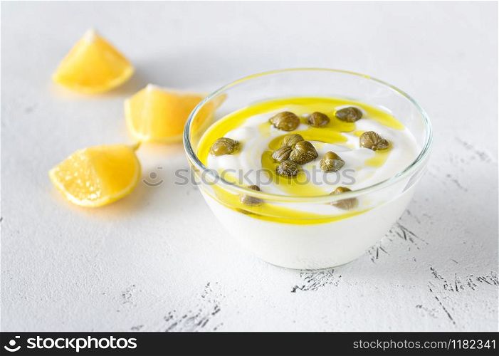 Creamy greek yogurt lemon caper dip