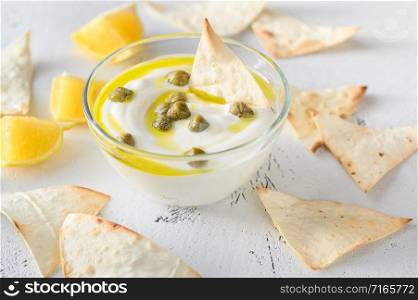 Creamy greek yogurt lemon caper dip