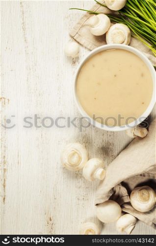 Creamy Mushroom Soup on white rustic background