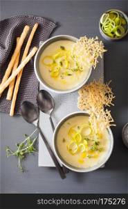 creamy potato and leek soup in bowl
