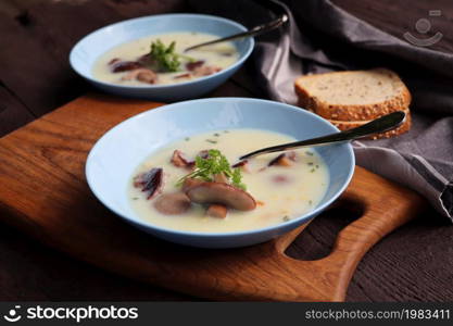 Creamy soup with boletus mushroom and herbs on wooden table .. Creamy soup with boletus mushroom and herbs on wooden table