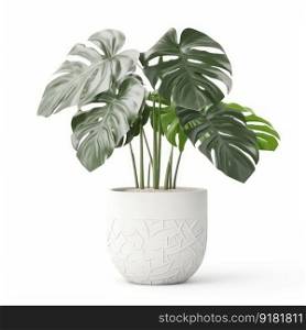 Create a serene atmosphere with a beautiful green monstera plant in a white flowerpot, isolated on a white background. AI Generative.