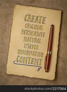 create original, persuasive, natural, useful, informative content - creating content advice - handwriting on a retro paper
