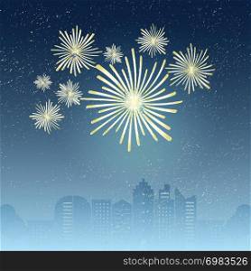 Created city with firework sky background, stock vector