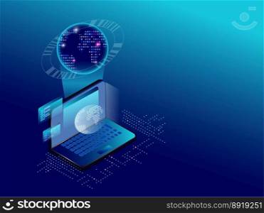 Creating a mobile interface on a laptop screen. Placement of planet earth on display devices. Conceptual banner of web technologies. Creating a mobile interface on a laptop screen. Placement of planet earth on display devices. Conceptual banner of web technologies.