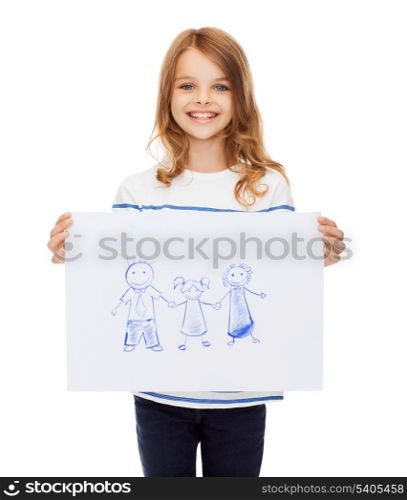 creation, art, family, happiness and painting concept - smiling little child holding picture of family