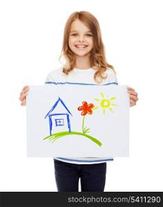 creation, art, family, happiness and painting concept - smiling little child holding picture of house