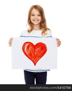 creation, art, family, happiness and painting concept - smiling little child holding picture of red heart