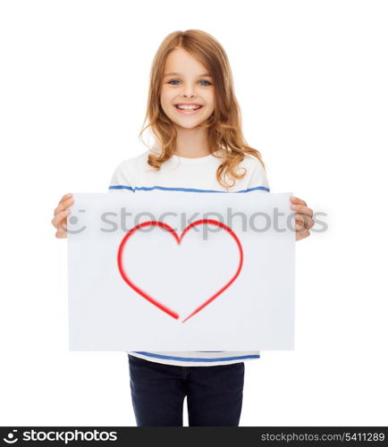 creation, art, family, happiness and painting concept - smiling little child holding picture of red heart