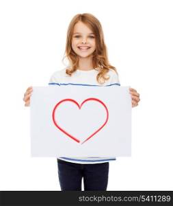 creation, art, family, happiness and painting concept - smiling little child holding picture of red heart