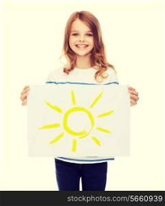 creation, art, family, happiness and painting concept - smiling little child holding picture of sun