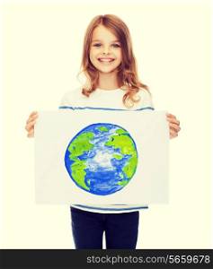 creation, art, planet, happiness and painting concept - smiling little child holding picture of planet