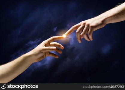 Creation of adam. Michelangelo God&rsquo;s touch. Close up of human hands touching with fingers