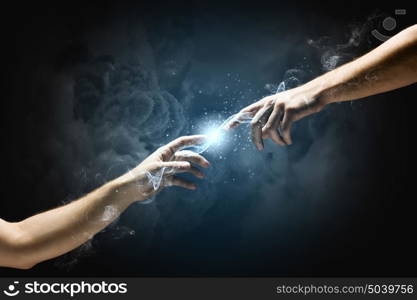 Creation of adam. Michelangelo God&rsquo;s touch. Close up of human hands touching with fingers