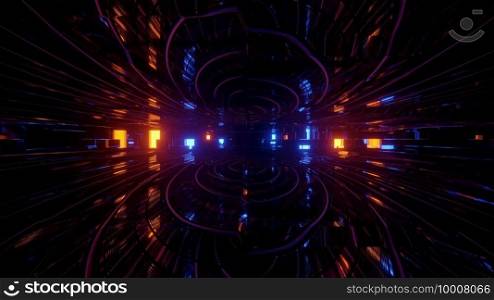 Creative 3D illustration of dark tunnel illuminated with neon blue and red lights as abstract background. 3D illustration of futuristic glowing lights in motion