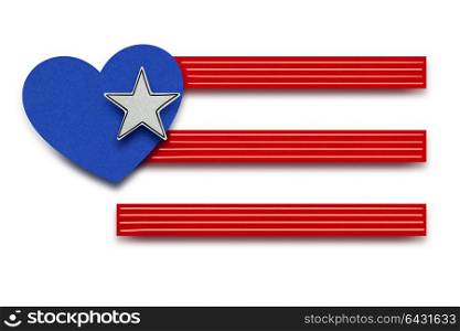 Creative 4th of July concept photo of american flag with heart made of paper on white background.