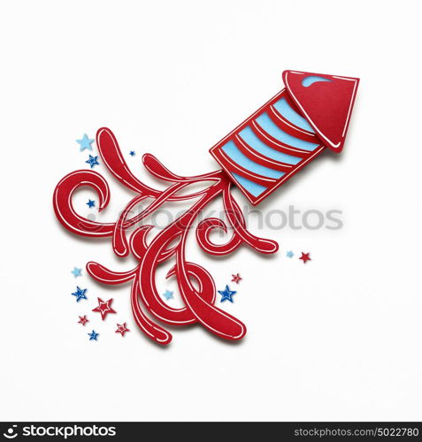 Creative 4th of July concept photo of fireworks made of paper on white background.