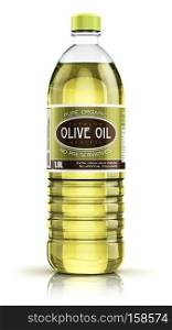Creative abstract 3D render illustration of plastic bottle of yellow refined vegetable olive cooking oil or organic fat isolated on white background with reflection effect
