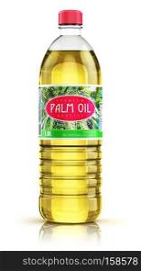 Creative abstract 3D render illustration of plastic bottle of yellow refined vegetable palm cooking oil or organic fat isolated on white background with reflection effect