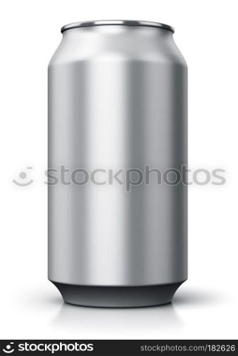 Creative abstract 3D render illustration of the blank metal aluminum tin empty drink can template isolated on white background with reflection effect