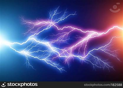 Creative abstract 3D render illustration of the blue and red lightning arc hit strike electric discharge light effect on dark black background