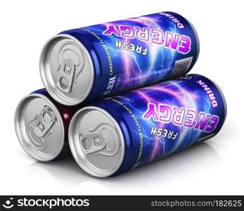 Creative abstract 3D render illustration of the energy drinks in metal tin cans isolated on white background with reflection effect