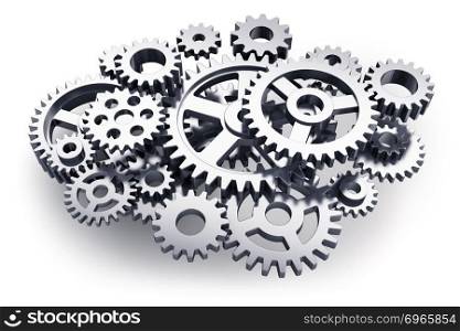 Creative abstract 3D render illustration of the group of different metal or steel gears or cogwheels isolated on white background