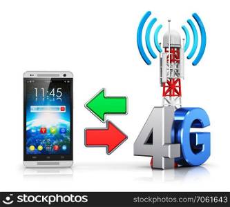 Creative abstract 4G digital cellular telecommunication technology and wireless connection business concept  modern touchscreen smartphone and mobile base station or TV transmitter antenna pylon with 4G sign, symbol or logo isolated on white background with reflection effect