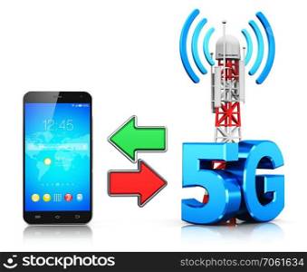 Creative abstract 5G digital cellular telecommunication technology and wireless connection business concept: 3D render illustration of modern touchscreen smartphone and mobile base station or TV transmitter antenna pylon with 5G sign, symbol or logo isolated on white background with reflection effect