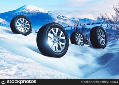 Creative abstract auto industry, service and maintenance repair business technology automotive concept: 3D render illustration of the set of SUV car wheels with offroad winter tyres or tires on snow in nature outdoor landscape