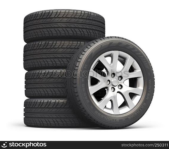 Creative abstract auto industry, service and maintenance repair business technology automotive concept: 3D render illustration of the set of car wheels with tyres or tires isolated on white background
