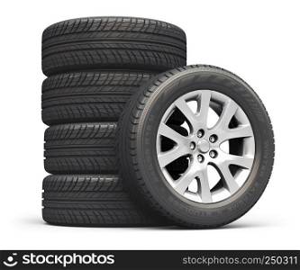 Creative abstract auto industry, service and maintenance repair business technology automotive concept: 3D render illustration of the set of car wheels with tyres or tires isolated on white background