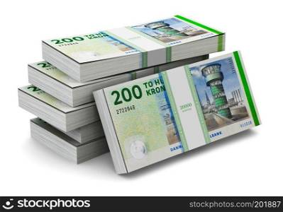 Creative abstract banking, money making and business success financial concept: heap of stacks of 200 Danish krone banknotes isolated on white background