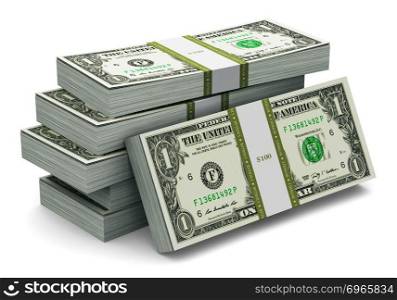 Creative abstract banking, money making and business success financial concept: heap of stacks of 1 dollar banknotes isolated on white background