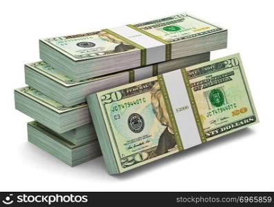 Creative abstract banking, money making and business success financial concept: heap of stacks of 20 dollars banknotes isolated on white background