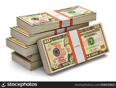 Creative abstract banking, money making and business success financial concept: heap of stacks of 10 dollars banknotes isolated on white background