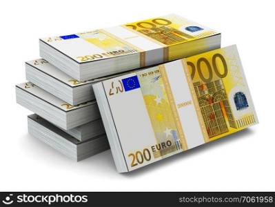 Creative abstract banking, money making and business success financial concept  heap of stacks of 200 Euro banknotes isolated on white background