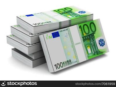 Creative abstract banking, money making and business success financial concept  heap of stacks of 100 Euro banknotes isolated on white background