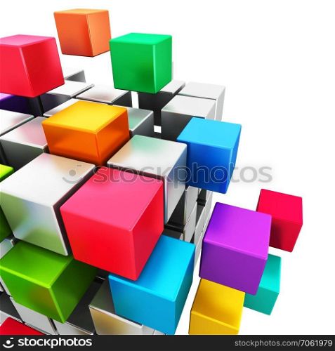 Creative abstract business teamwork, internet and communication concept  3D render illustration of colorful cubic structure with assembling metallic cubes isolated on white background